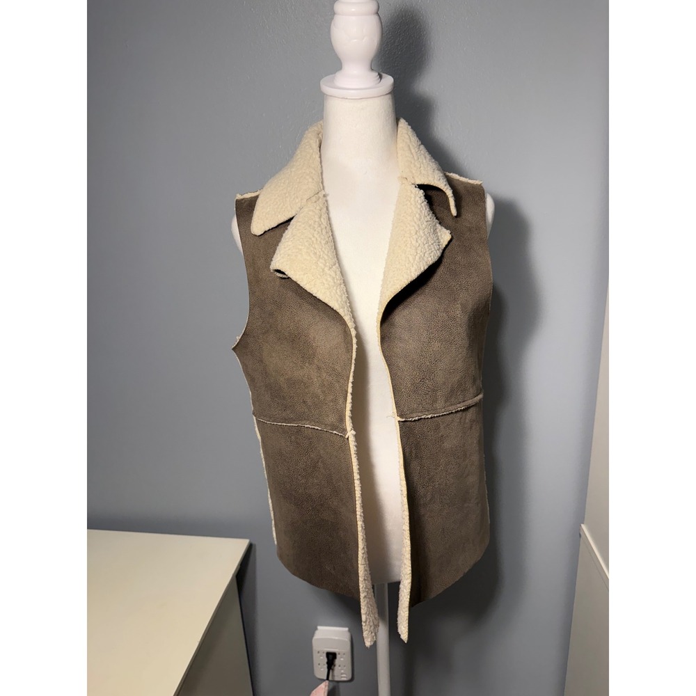JACK Brown Faux Suede Shearling Lined Vest Womens Small Open Front Notched Lapel
